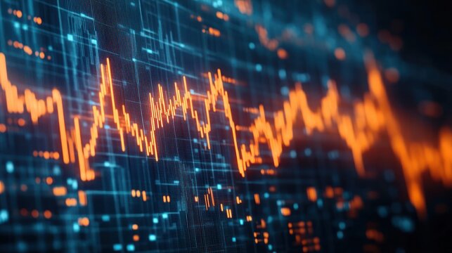 Close-up of glowing orange financial data graph lines over a dark digital grid background representing market fluctuations