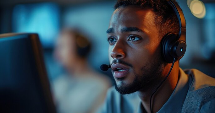 Young man wearing headset with microphone focused on computer screen, engaged in communication or gaming in a dimly lit environment