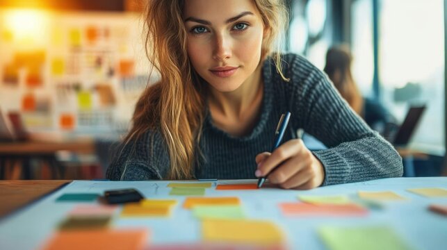 Focused young woman writing on colorful sticky notes on a table in a creative workspace with warm lighting and a blurred background