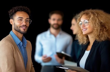Group of four diverse professionals in business casual attire having a discussion with digital tablets and notepads in a dark studio setting, conveying collaboration and focus