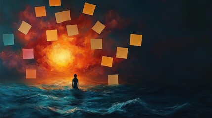 Silhouetted figure standing in turbulent water facing a fiery orange glowing orb surrounded by floating translucent squares against a dark blue sky