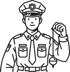 Line art illustration of a police officer holding a swinging pendulum for hypnosis.