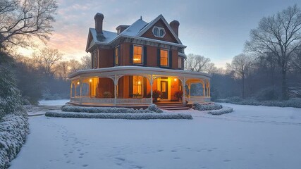 A cozy house with a porch surrounded by snow - Powered by Adobe