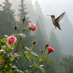 A hummingbird frozen mid-flight beside dew-kissed roses, misty morning forest background.