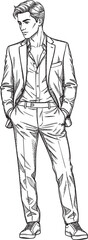 Stylish young man in a suit a handdrawn black and white line art illustration.