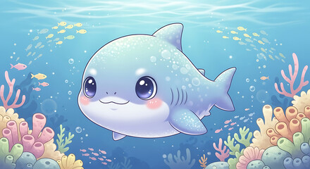 Obraz premium A cute, cartoon-style shark swims in a vibrant blue ocean surrounded by colorful coral and schools of small yellow fish.