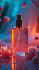 The elegant glass perfume bottle, filled with translucent liquid, stands amidst the soft, delicate blooms, reflecting the interplay of warm and cool tones in the background.