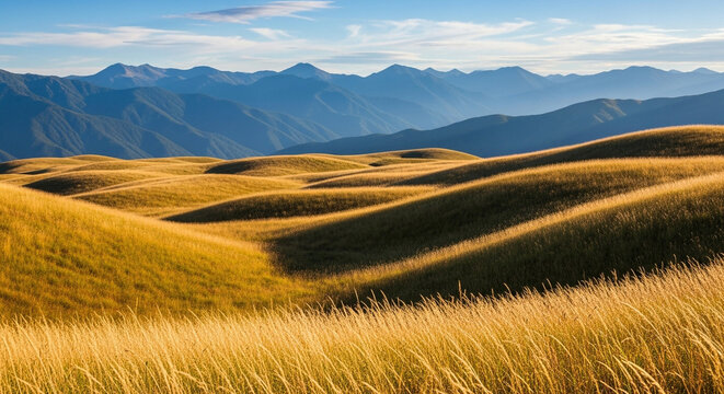 Rolling golden hills covered in tall grass under a blue sky with distant mountains, creating a serene and picturesque natural landscape - Powered by Adobe