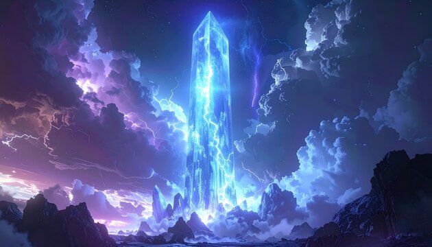 Majestic crystalline structure illuminated by vibrant blue energy ascends into a dynamic, stormy sky, where electric bolts illuminate the scene.