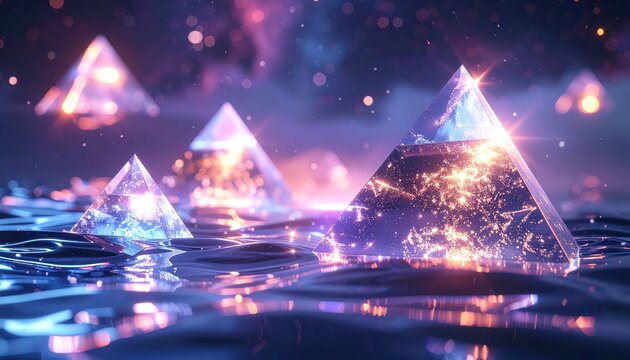 Glowing transparent pyramids float amidst a serene body of water, illuminated by ethereal light and sparkling particles, creating a dreamy, otherworldly atmosphere with vibrant purples, blues, and...