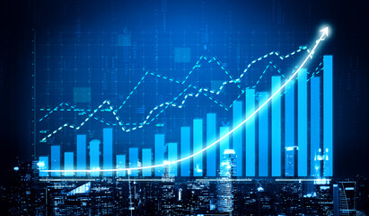 A futuristic financial growth concept featuring bar graphs and line charts set against a city skyline, illustrating progress and success in business analytics. Impute