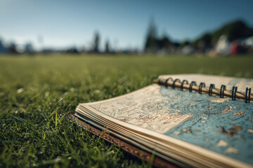 Open notebook with vintage world map lies on green grass in park, evoking sense of adventure and exploration