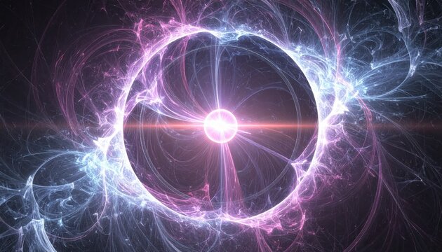 Intricate and mesmerizing abstract design showcases a radiant central sphere, surrounded by swirling energy patterns and dynamic, flowing lines, employing a palette of pastel pink, soft blue, and...