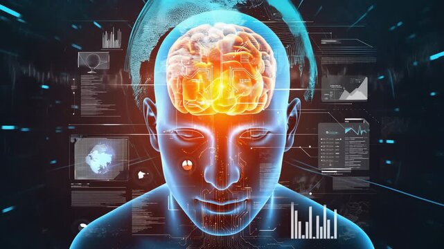 Digital human head with glowing brain and complex data interfaces symbolizing artificial intelligence and deep learning - Powered by Adobe
