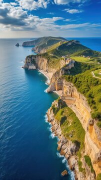 Dingli Cliffs Aerial View with Green Nature and Blue Sea and Sky