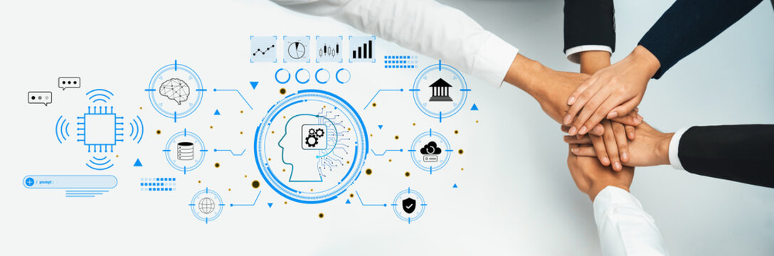 Diverse team members join hands in unity over a digital interface representing innovation and strategic growth, showcasing collaboration in a modern business environment. Trope - Powered by Adobe