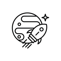 A blackline illustration depicts a rocket blasting off near a planet with curved lines and circles plus a fourpointed star