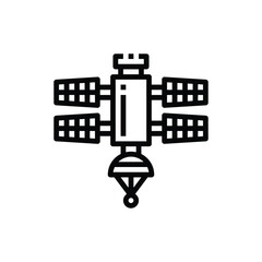 A blackandwhite satellite icon It features solar panels a central body and a lower antennalike structure