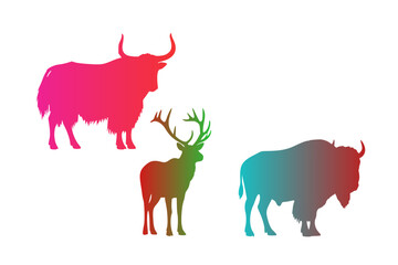 Colorful silhouettes of three animals on a white background: a yak (Bos grunniens) in pink shades, a deer