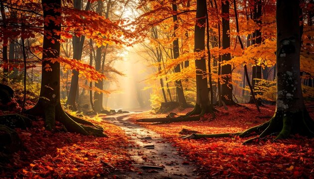 Sunlit autumn forest path