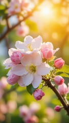 Obraz premium A delicate pink blossom from an apple tree spreads its petals in sunlight filtering through leaves
