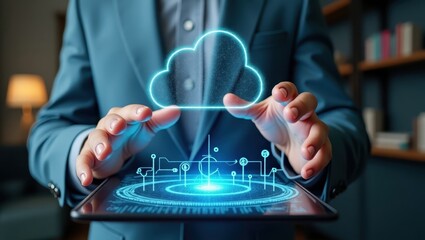 Glowing cloud computing graphic floats above a tablet screen, held by a person in a blue suit, symbolizing data storage and digital communication in a modern, technology-focused environment,...