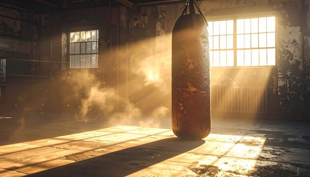 Sunlit boxing gym with punching bag