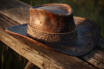 Weathered Leather Cowboy Hat Resting on Rustic Wooden Fence, Golden Hour Light.