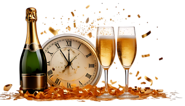 Festive new years eve celebration with champagne and clock isolated on white isolated on transparent background.