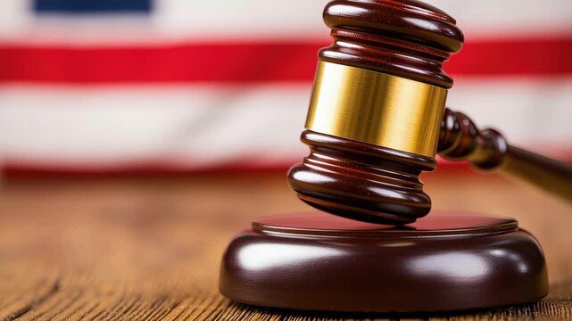 Wooden gavel law justice judge courtroom verdict legal hammer decision authority, calm court scene with focus on gavel and solemn due process
