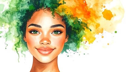 A digital watercolor illustration depicts a smiling woman with vibrant green, orange, and yellow hair. Her skin is warm, eyes bright, and she's facing the viewer