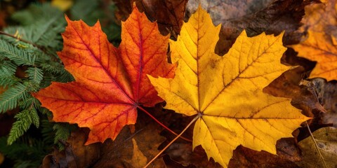 Two leaves of a tree, one orange and one yellow, are on the ground