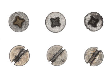 Used screw and bolt heads with signs of wear, scratches, dents, rust spots. Close-up view. Isolated on transparent background. Set 3.