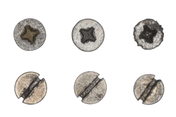 Used screw and bolt heads with signs of wear, scratches, dents, rust spots. Close-up view. Isolated on transparent background. Set 3. © ALIAKSANDR