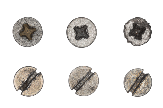 Used screw and bolt heads with signs of wear, scratches, dents, rust spots. Close-up view. Isolated on transparent background. Set 3.