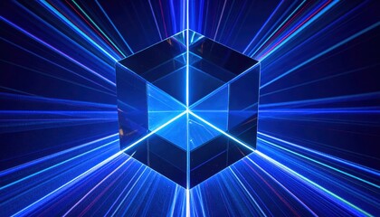 Illuminated geometric cube reflects vibrant blue and white light trails against a dark background, creating a modern, abstract, and futuristic composition with depth and dimension.
