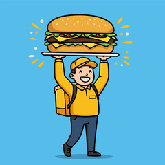 Smiling delivery person in yellow uniform lifts tray with giant hamburger, walking cheerfully on light blue background.
