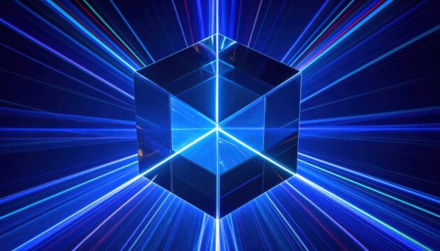 Illuminated geometric cube reflects vibrant blue and white light trails against a dark background, creating a modern, abstract, and futuristic composition with depth and dimension.