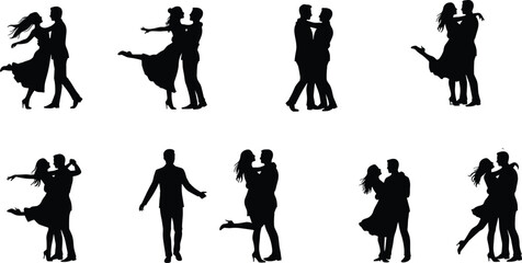 Romantic couple silhouette dancing and kissing poses, love relationship illustration, wedding and engagement vector art for Valentine’s celebration design