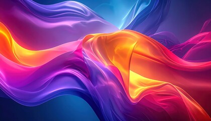 Vibrant waves of flowing fabric undulate in a seamless blend of warm and cool hues, transitioning from rich orange and pink to deep purple and blue, creating an abstract and dynamic display.