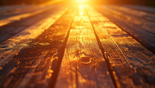 Warm sunlight bathes a wooden surface with golden light, highlighting the grain and texture of the boards, creating a sense of warmth and rustic simplicity.