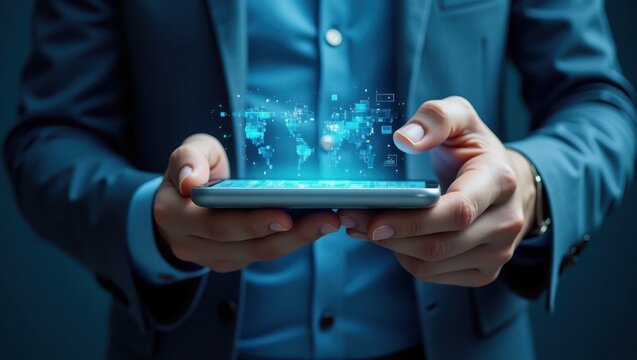 view of a person in a business suit holding a smartphone, with glowing digital data overlay in the form of a world map, highlighting connectivity and information access against a blurred background.