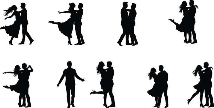 Romantic couple silhouette dancing and kissing poses, love relationship illustration, wedding and engagement vector art for Valentine’s celebration design - Powered by Adobe