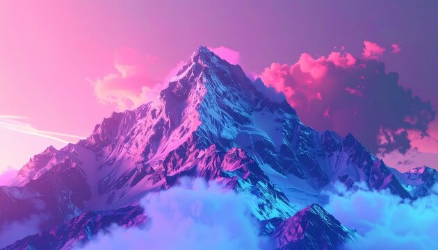 Majestic mountain range towers with peaks covered in glistening snow under a vibrant, colorful sky showcasing a stunning display of light and cloud formations, presenting a picturesque landscape.