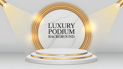 White and Gold Circular Podium with Spotlight Background