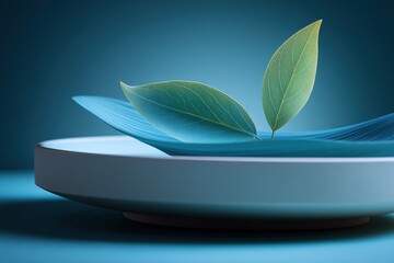 Minimalist flat lay composition, fresh green leaf on teal blue gradient background, organic texture for eco friendly, wellness, sustainable branding template