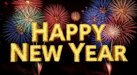 Festive New Year Celebration with Fireworks and Golden Text.