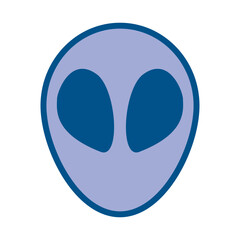 A symmetrical oval face light purple with two large dark blue oval eyeshapes surrounded by a dark blue outline against a white backdrop