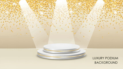 White podium background with gold trim under falling gold confetti and spotlights