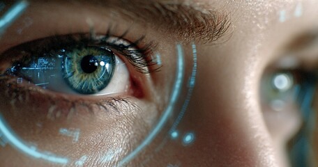 Futuristic eye tracking technology, blue iris with augmented reality interface overlay, biometrics, virtual display concept for sci-fi, security, innovation theme